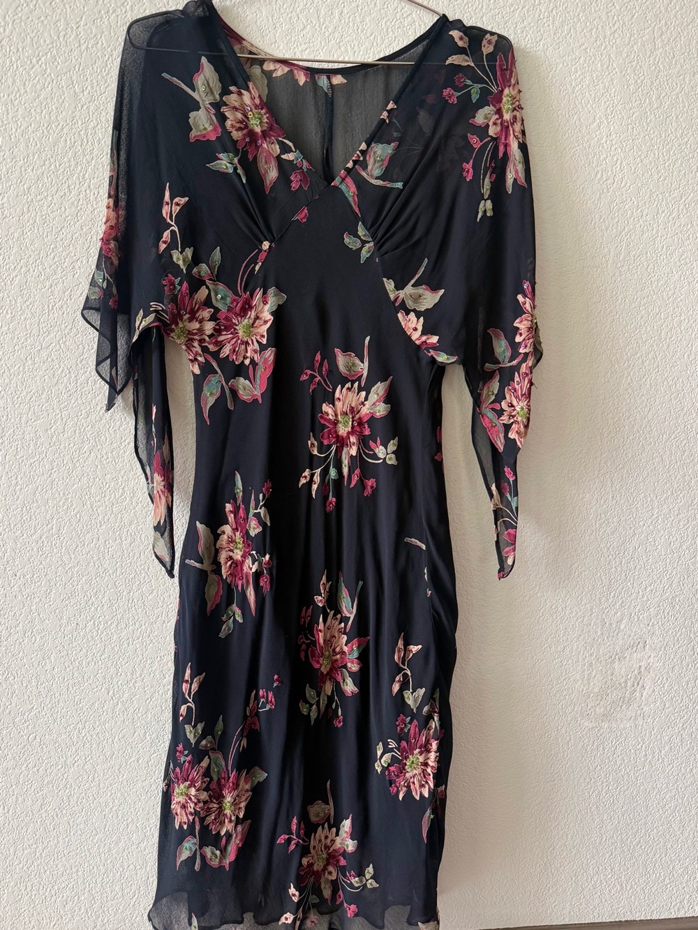 Floral V-Neck Black Midi Dress with Pink Botanical Print